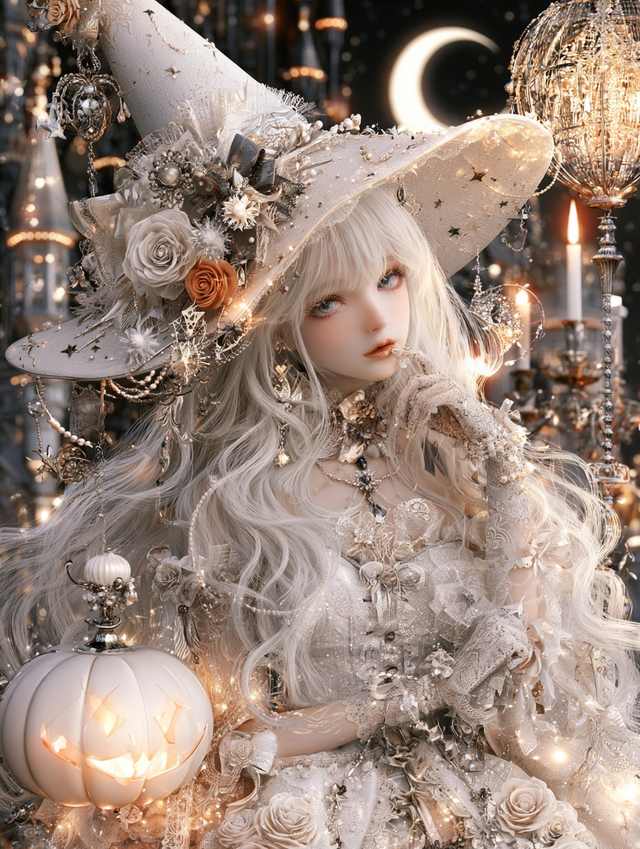 万圣节主题的白发魔女唯美人像，动漫风精致画风
