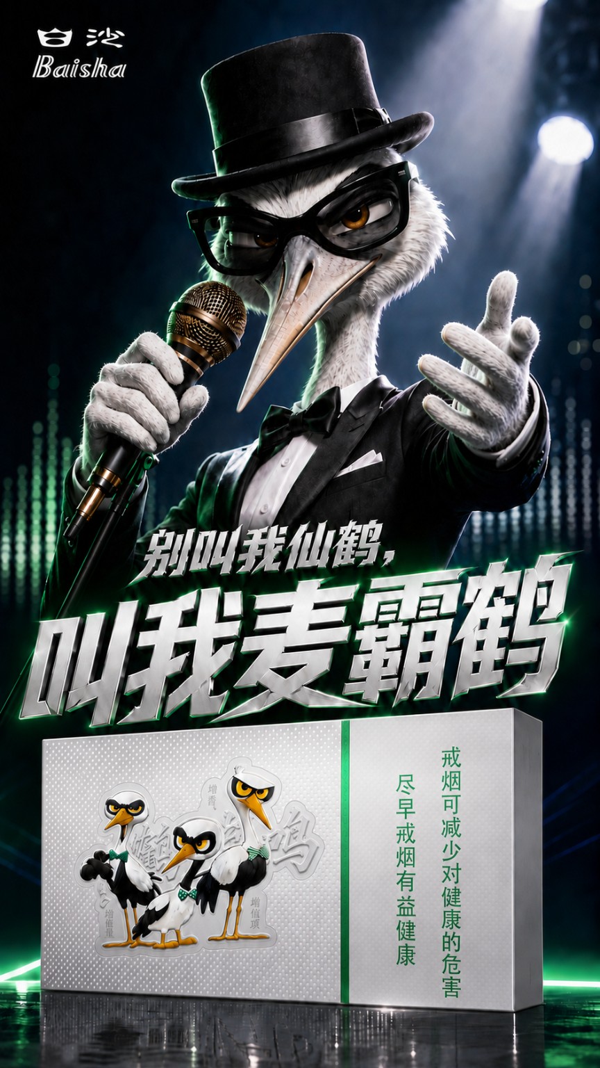 戴礼帽和黑框眼镜的麦霸鹤手持金色麦克风，前景为银白产品包装