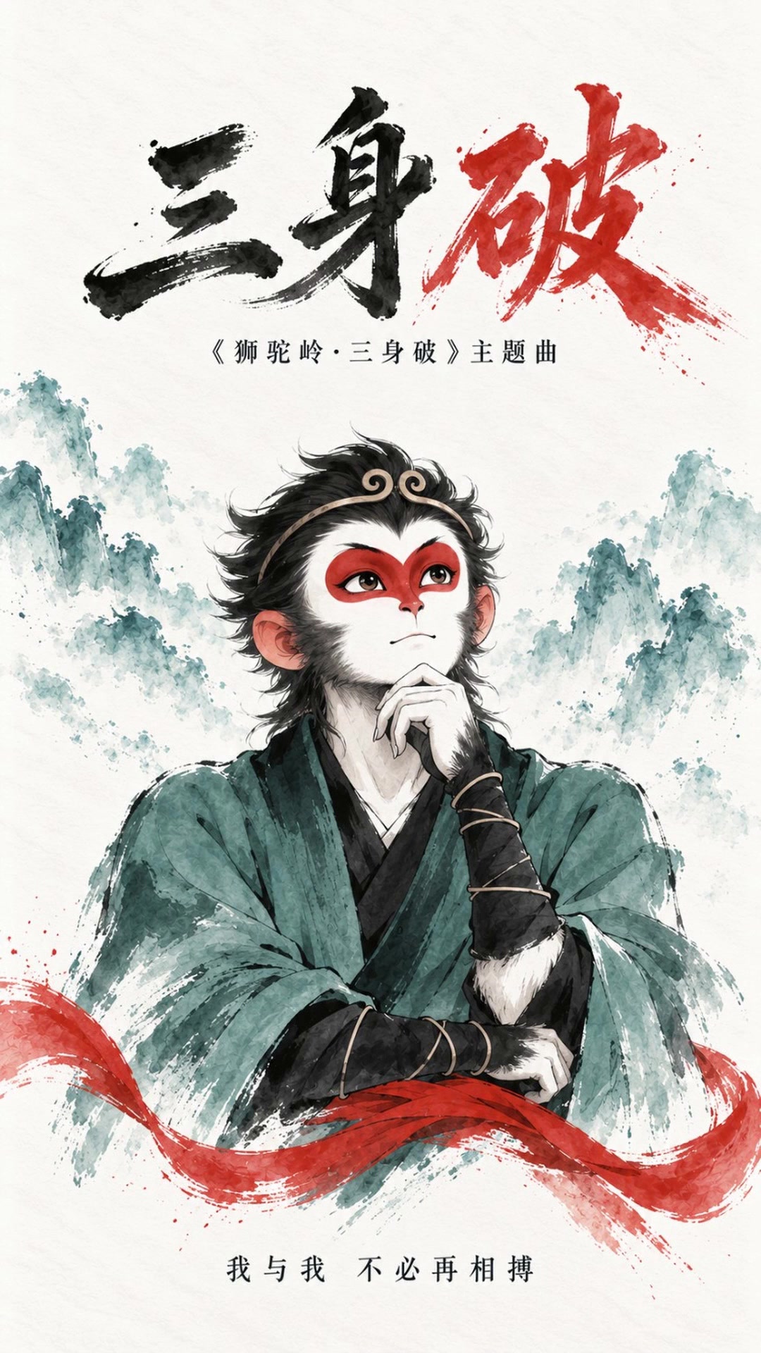 青绿衣袍、朱红腰带的悟空凝神思索，极简水墨海报题名《三身破》。